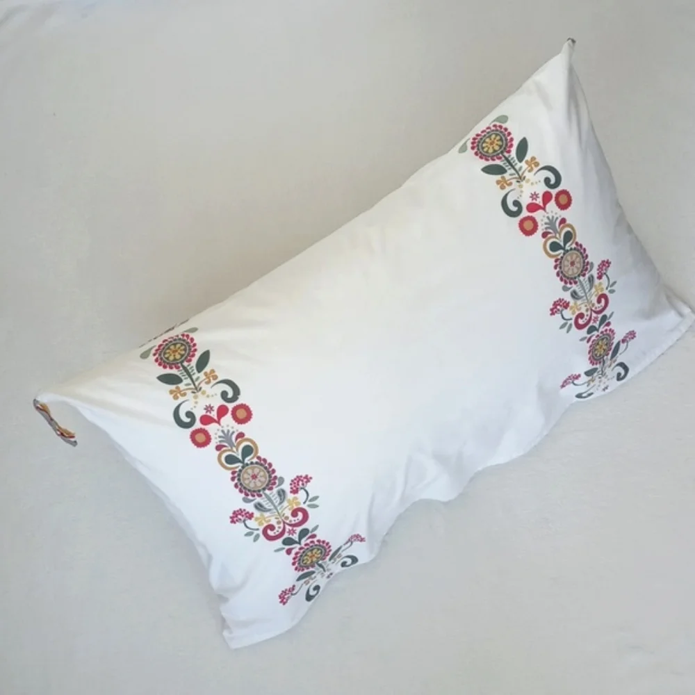 Bohemian Cream w/ Red Yellow Dutch Floral Motif Tasseled Pillow Sham Cover Queen